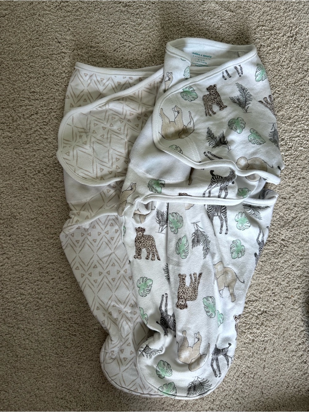 Neutral Animal Print Baby Swaddle Sack - Green & Tan Accents